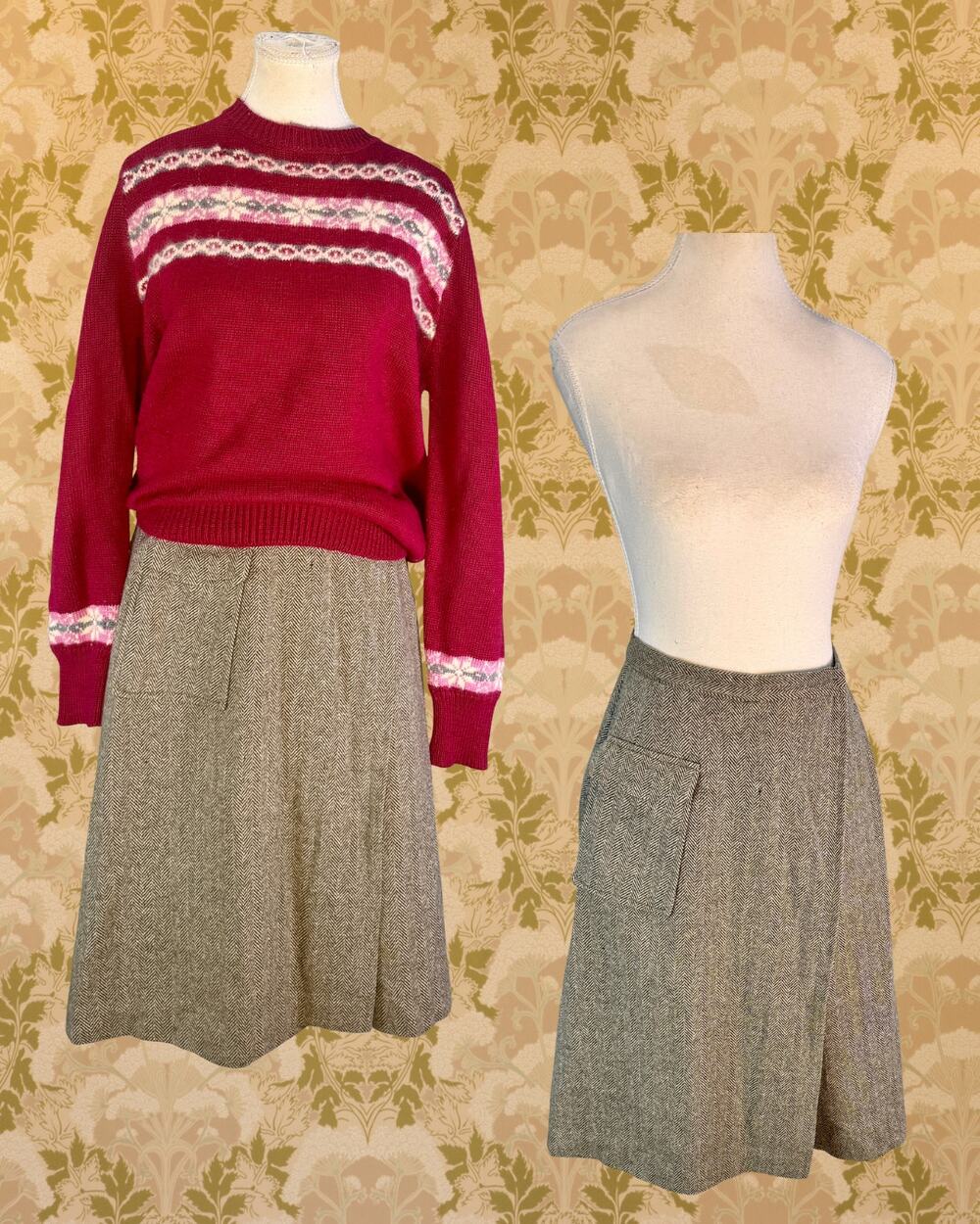intage 70s College Town Wool Herringbone Tweed A-Line Wrap Skirt — Size 12